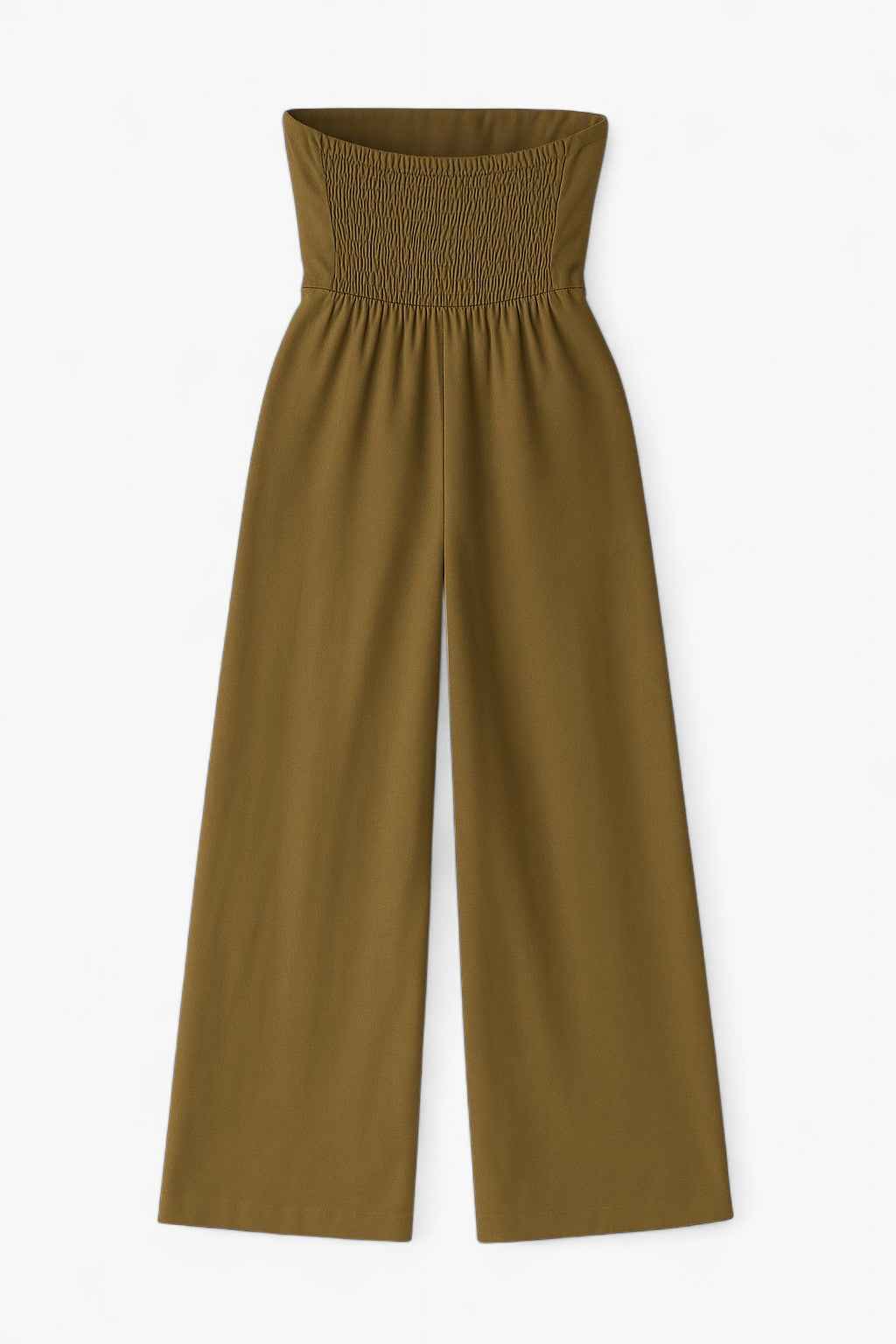 Dames Jumpsuits & Rompers : Strapless Jumpsuit met Wijde Pijpen – Verfijnde Simpliciteit in Khaki in van Vanda Liamo