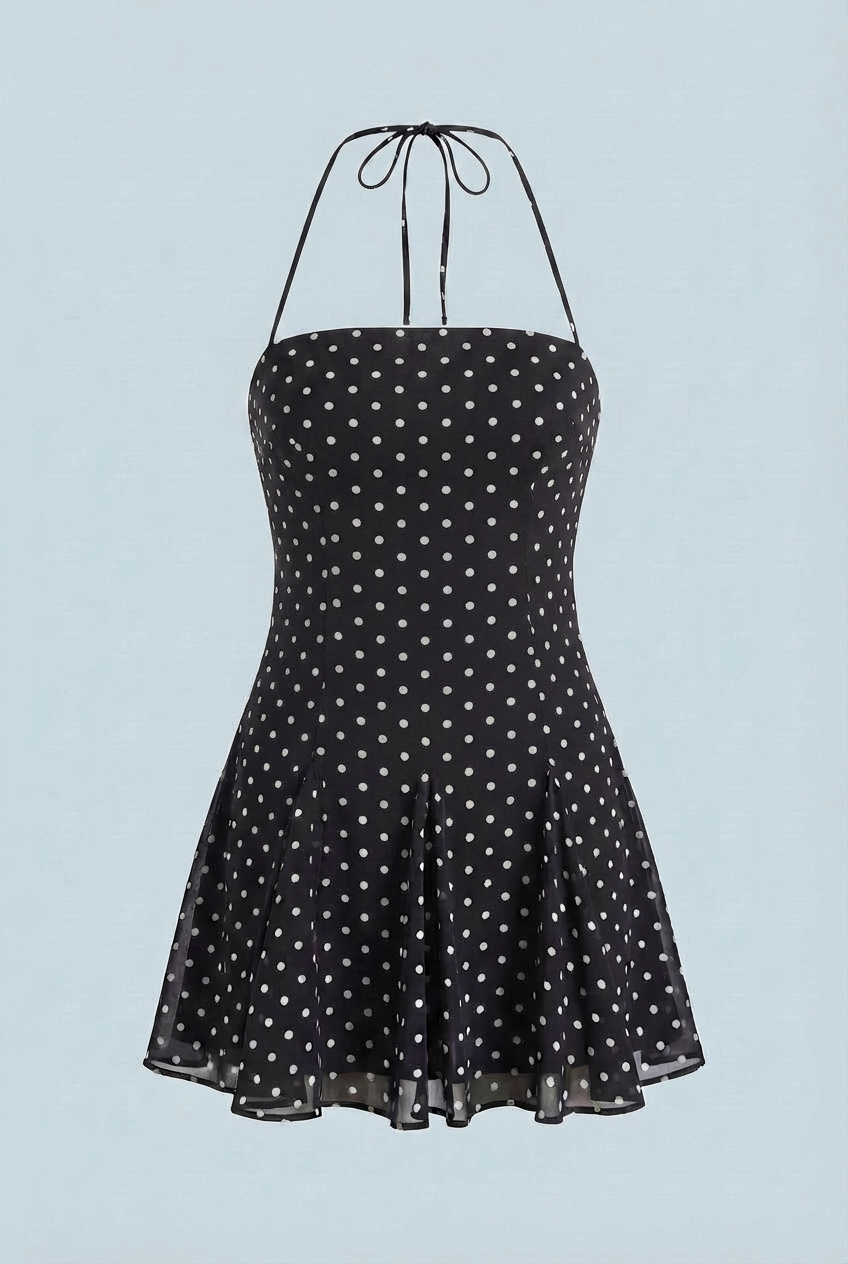Black Polka Dot Halter Mini Dress - Flattering Fit for Summer Events