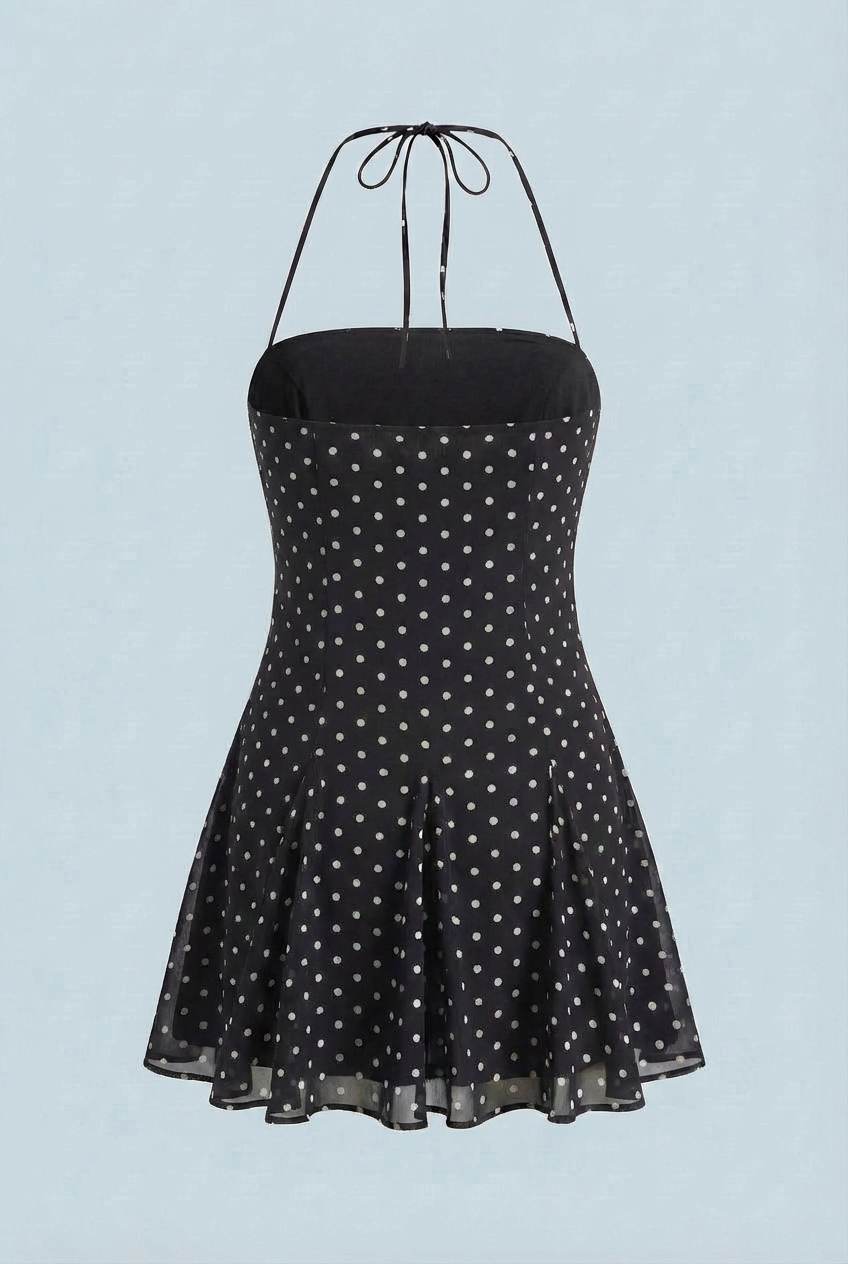 Black Polka Dot Halter Mini Dress - Flattering Fit for Summer Events