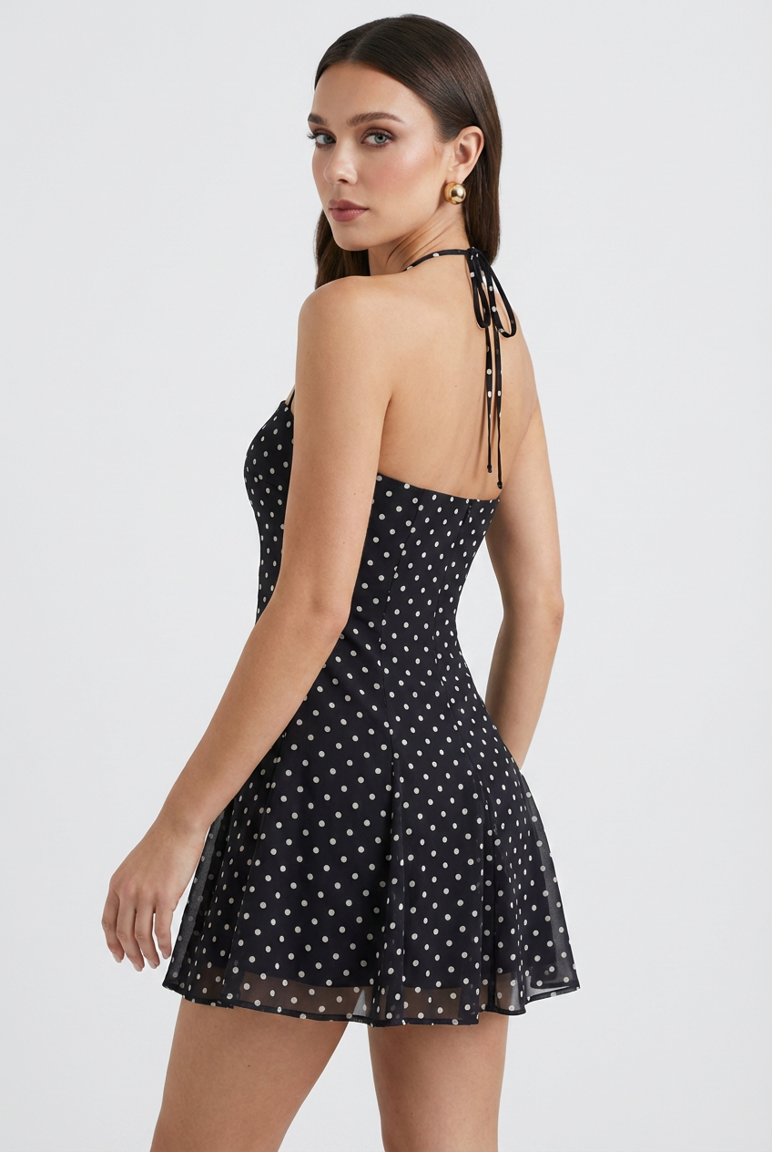 Black Polka Dot Halter Mini Dress - Flattering Fit for Summer Events