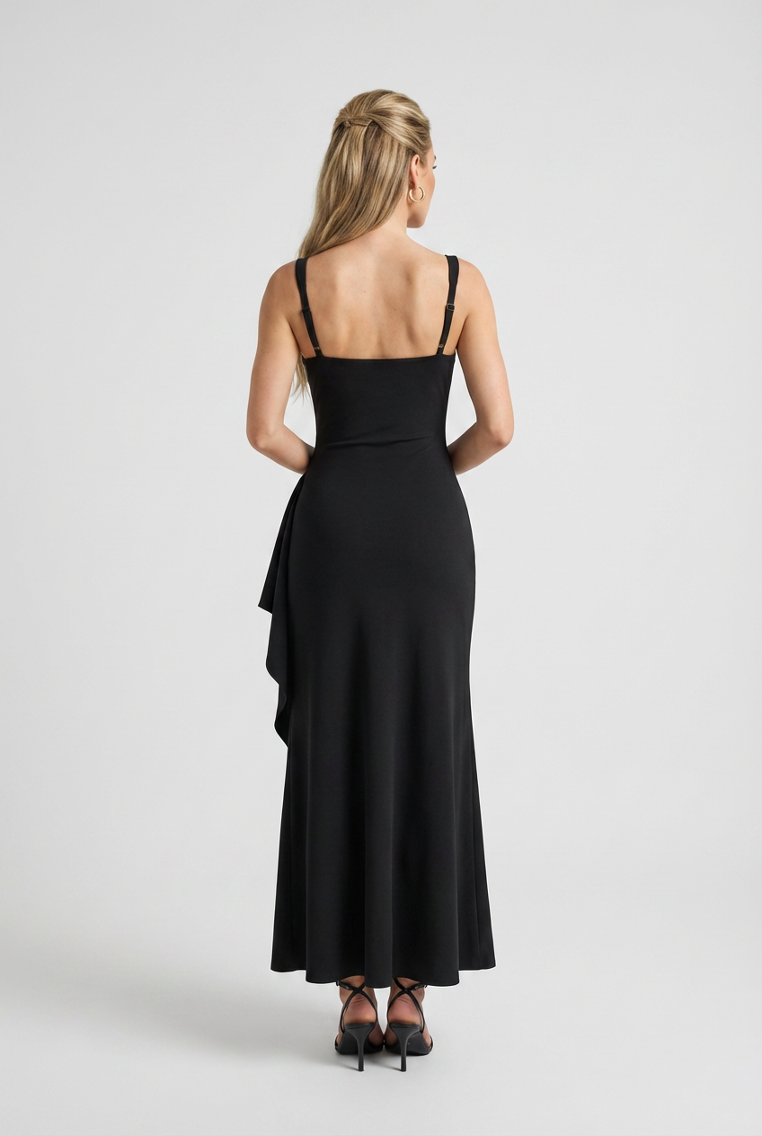 Dress : Women's Black Square Neck Slimming Midi Dress with Slit for Evenings in van Vanda Liamo