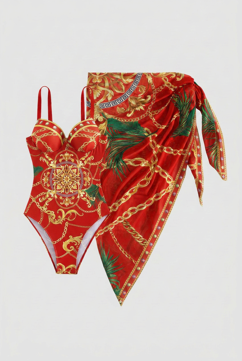 Swimwear : Women's Red One-Piece Swimsuit with Skirt - Perfect for Summer Beachwear in Red van Vandaliamo