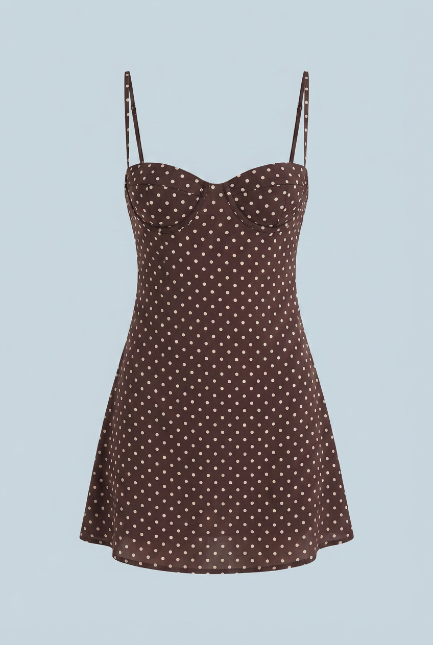Chocolate Polka Dot Mini Dress – Retro Brown Frill Hem Dress