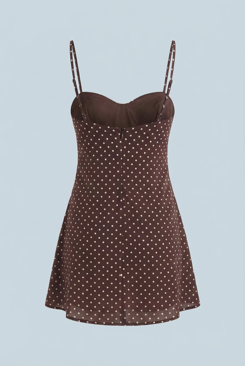 Chocolate Polka Dot Mini Dress – Retro Brown Frill Hem Dress