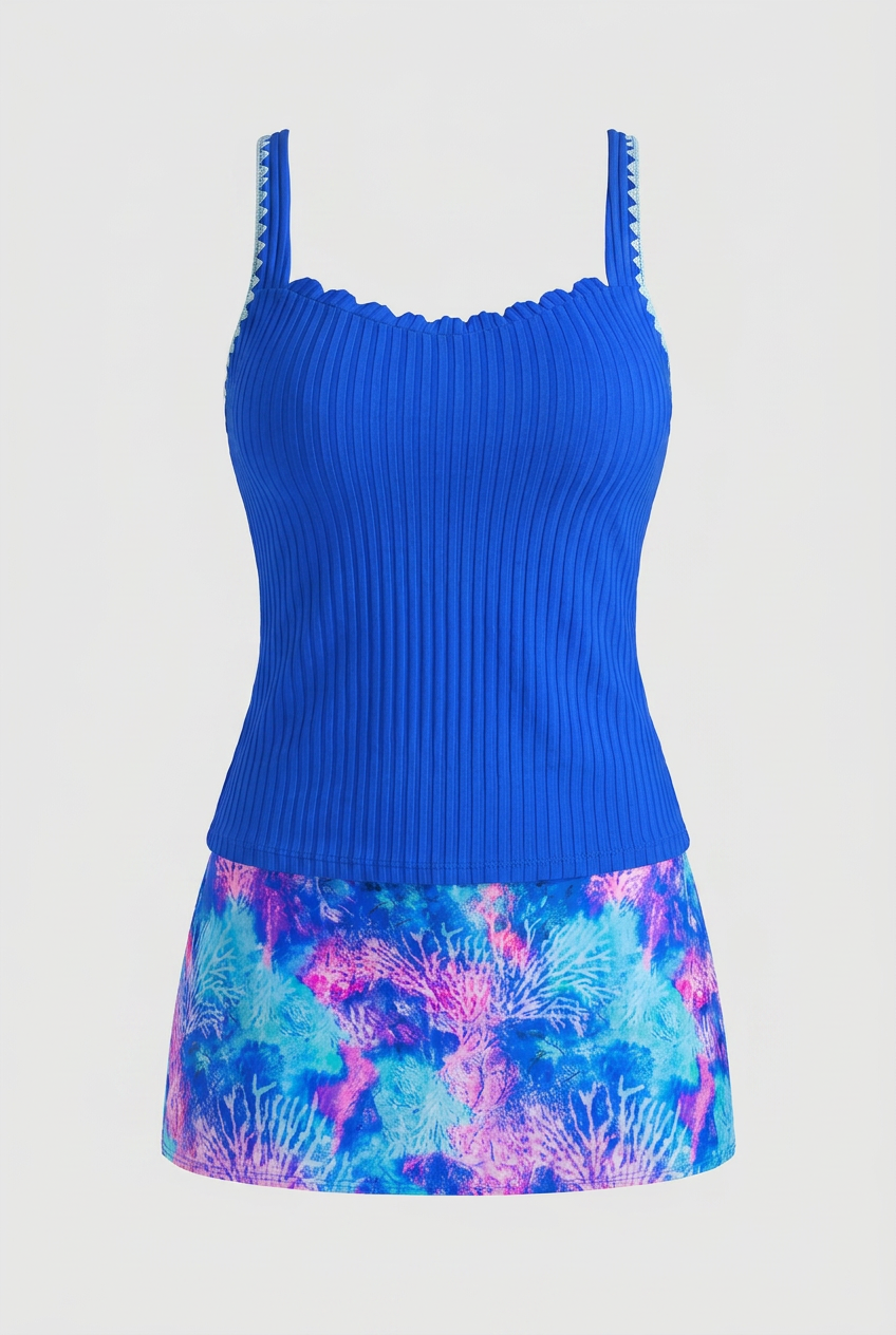 Coral Reef Print Tankini Set – Ocean Blue Ribbed Two-Piece with Swim Skirt