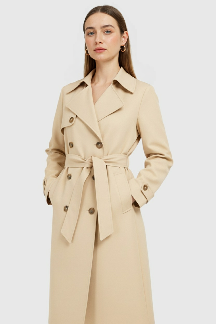 Dames Lange Beige Trenchcoat met Riem