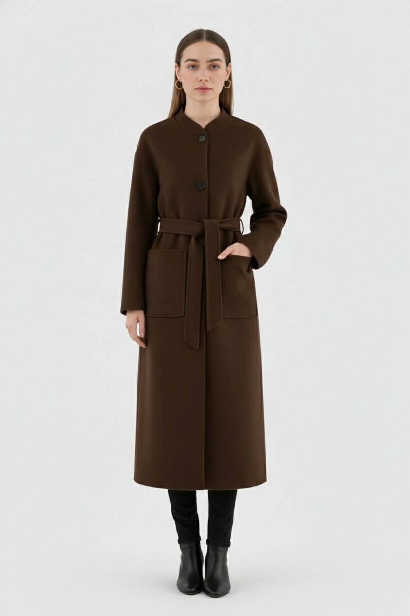 Dames Lange Bruin Winterjas Met Ronde Hals