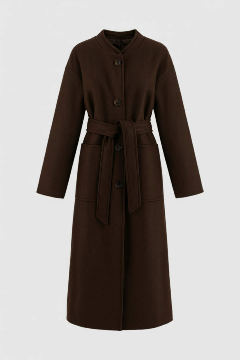 Dames Lange Bruin Winterjas Met Ronde Hals