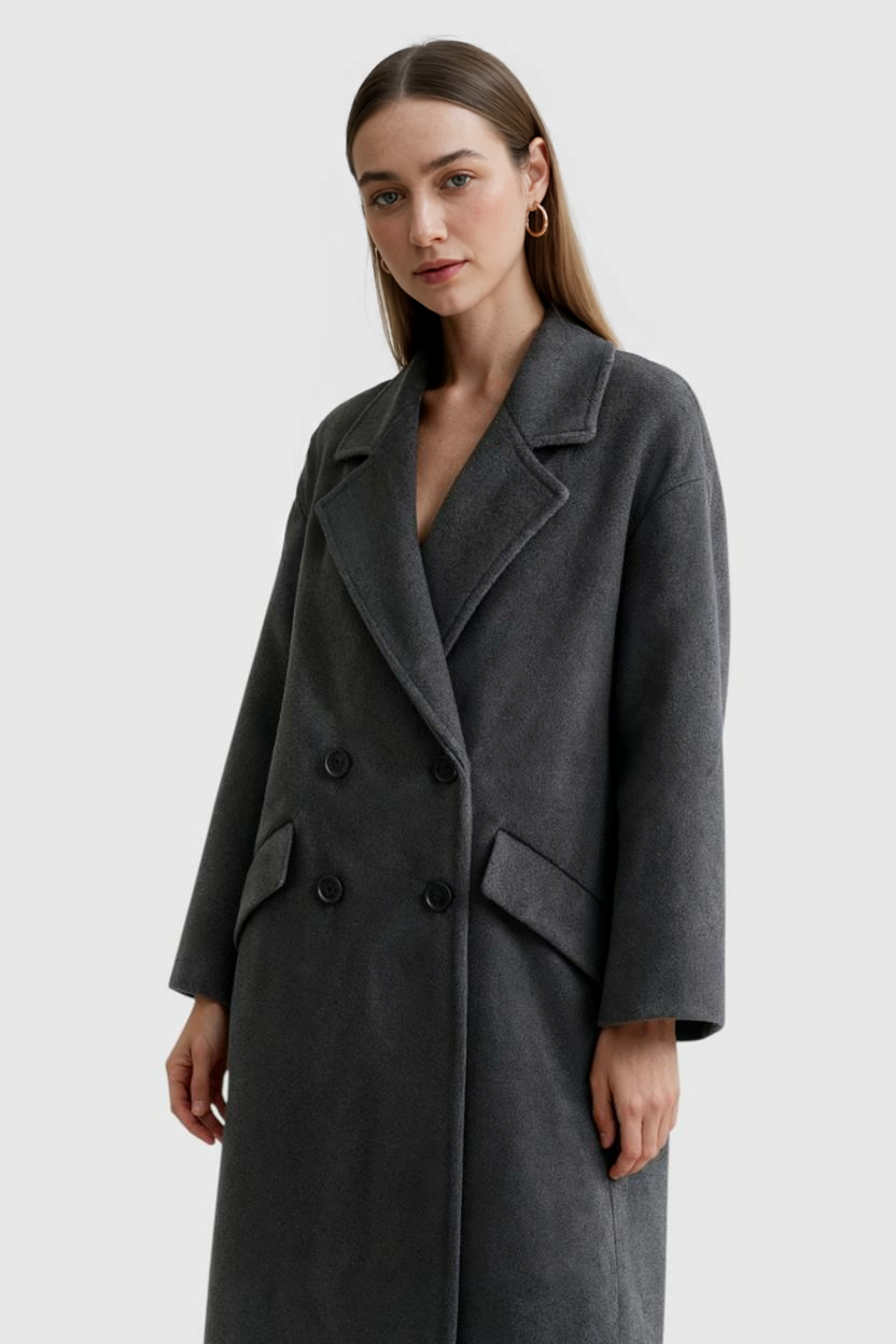 Dames Lange Donkergrijs Winterjas met Flip-Kraag