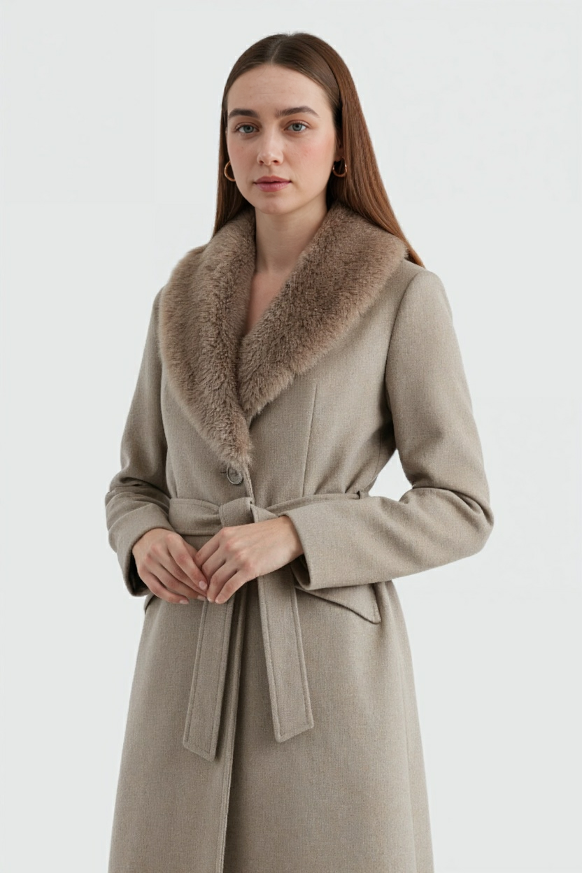 Coat : Women's Khaki Long Faux Fur Collar Winter Coat - Warm & Stylish Outerwear in van Vanda Liamo