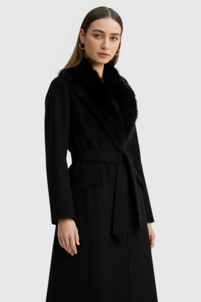 Dames Lange Zwart Jas met Bontkraag