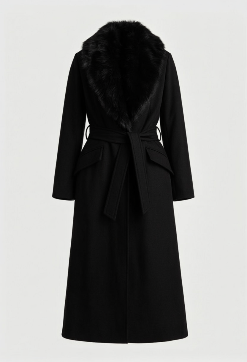Dames Lange Zwart Jas met Bontkraag