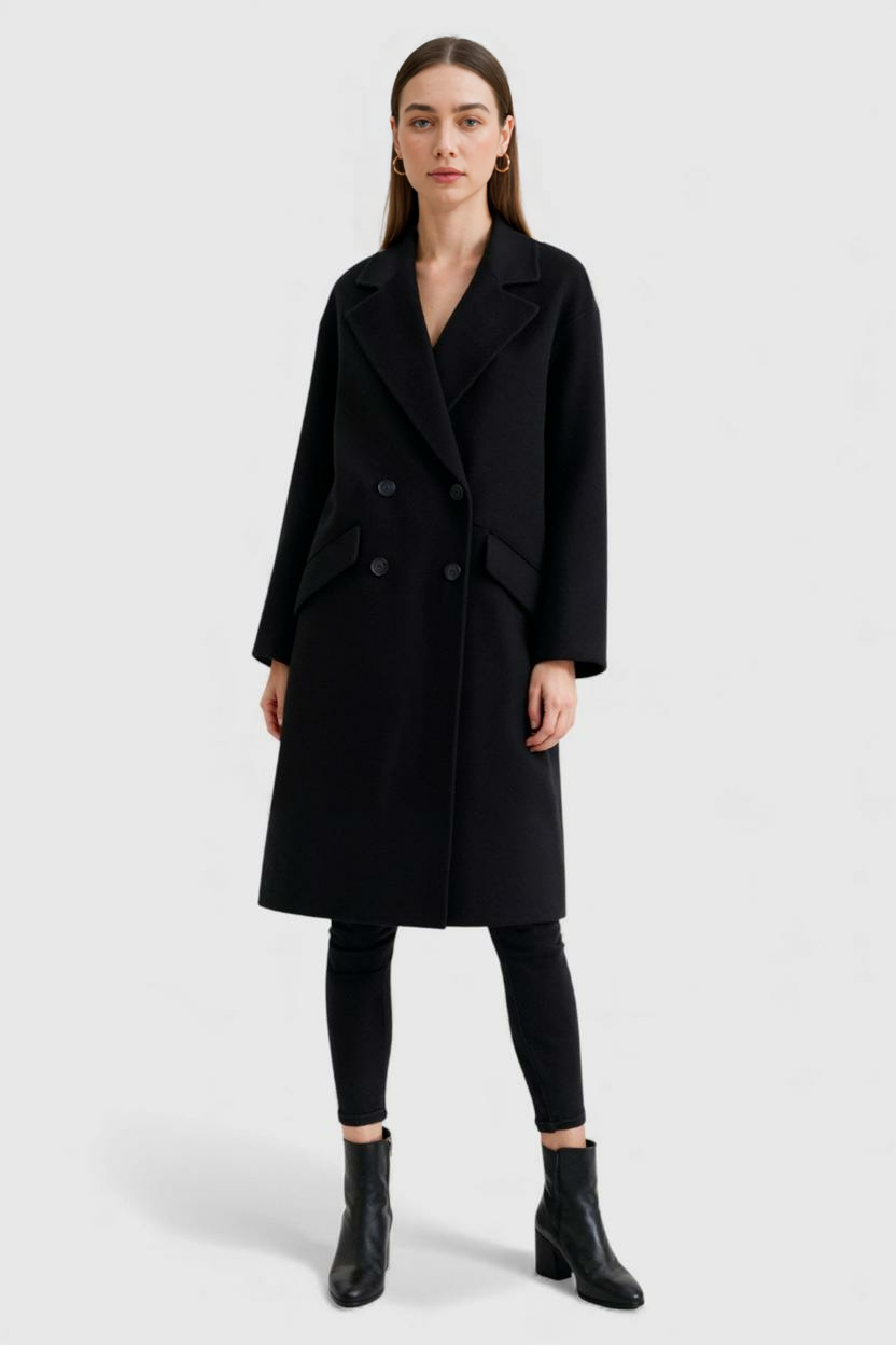 Dames Lange Zwarte Winterjas met Flip-Kraag