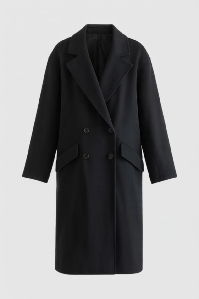 Dames Lange Zwarte Winterjas met Flip-Kraag