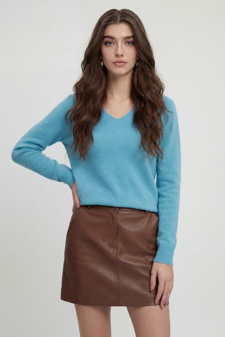 Dames Lichtblauw Merinowollen V-hals Trui