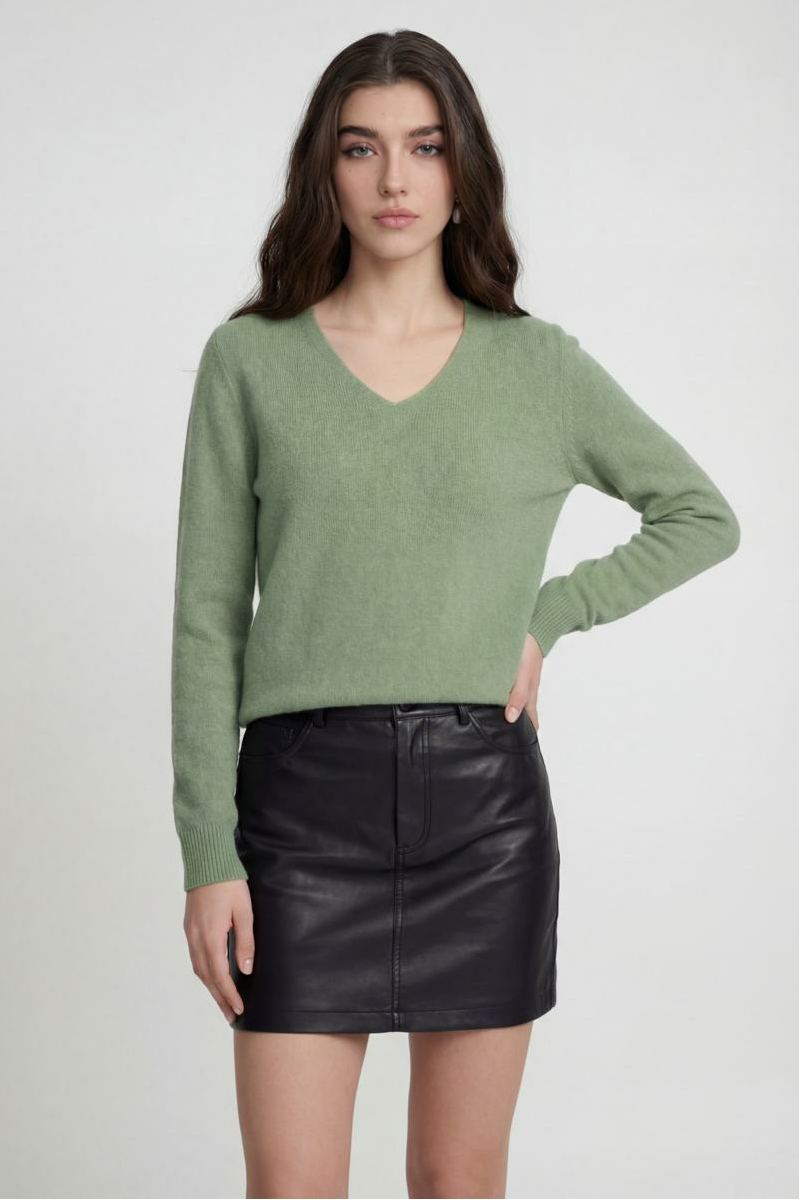 Dames Olijfgroen Merinowollen V-hals Trui