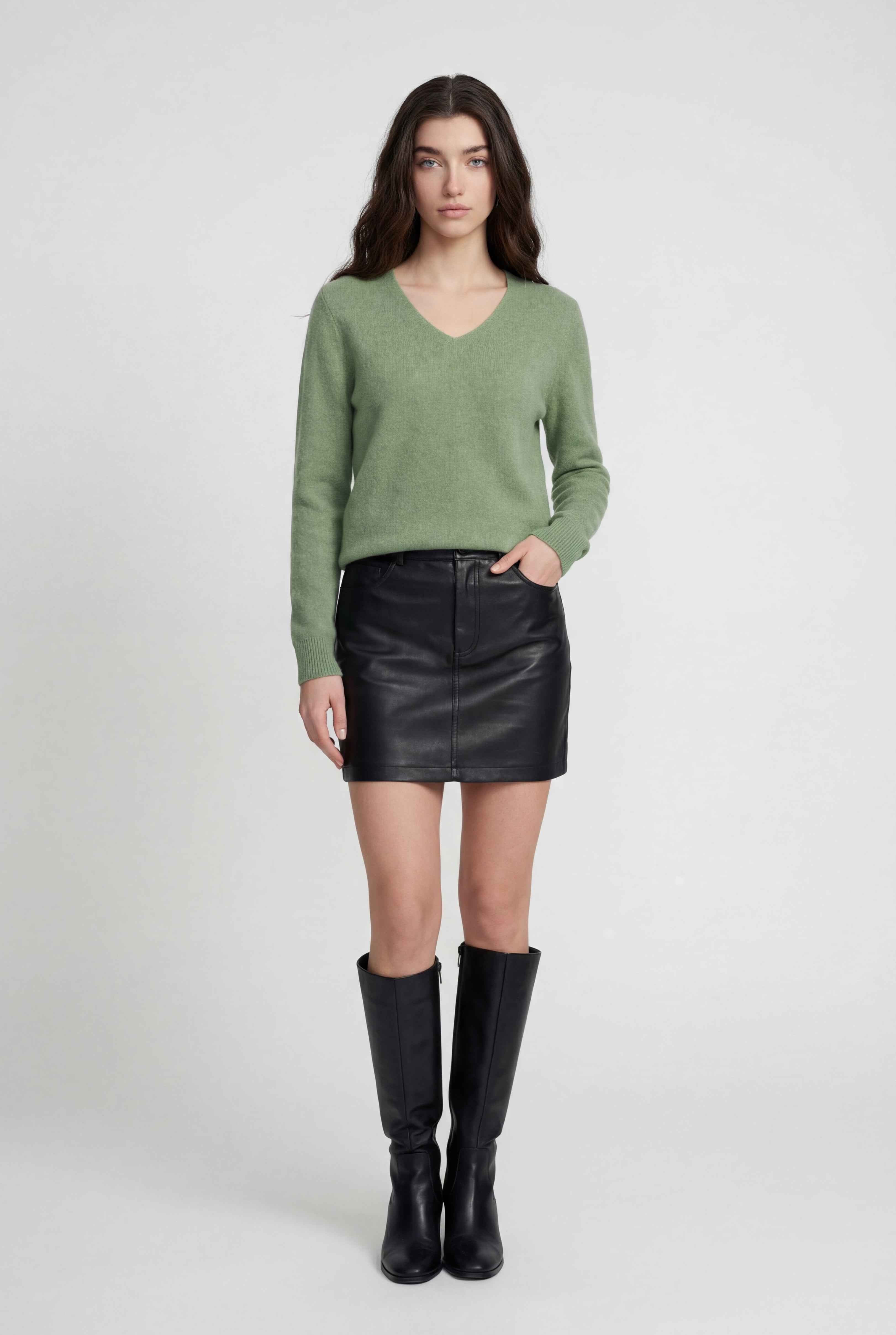 Dames Olijfgroen Merinowollen V-hals Trui