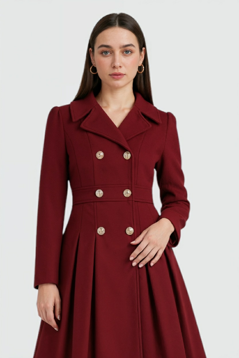 Coat : Women's Burgundy Wool Blend Trench Coat - Warm Winter Jacket in van Vanda Liamo