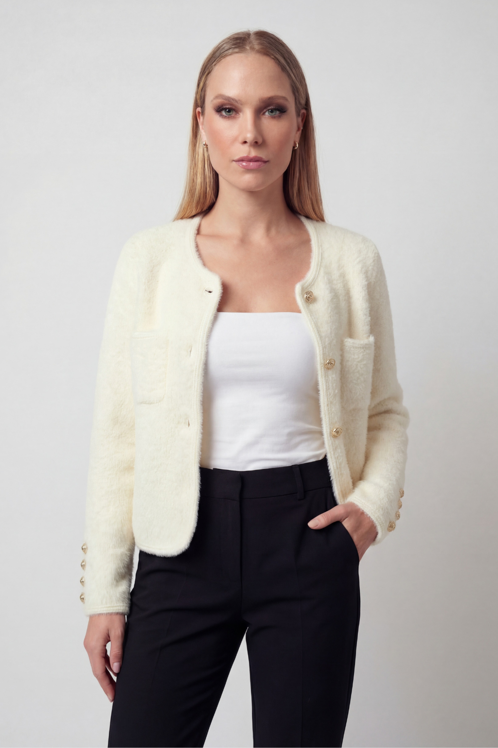 Women's Soft Crew Neck White Cardigan