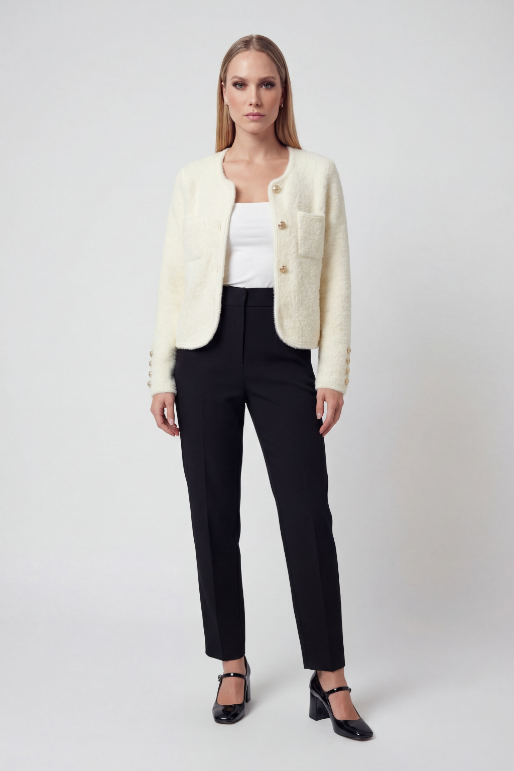 Women's Soft Crew Neck White Cardigan