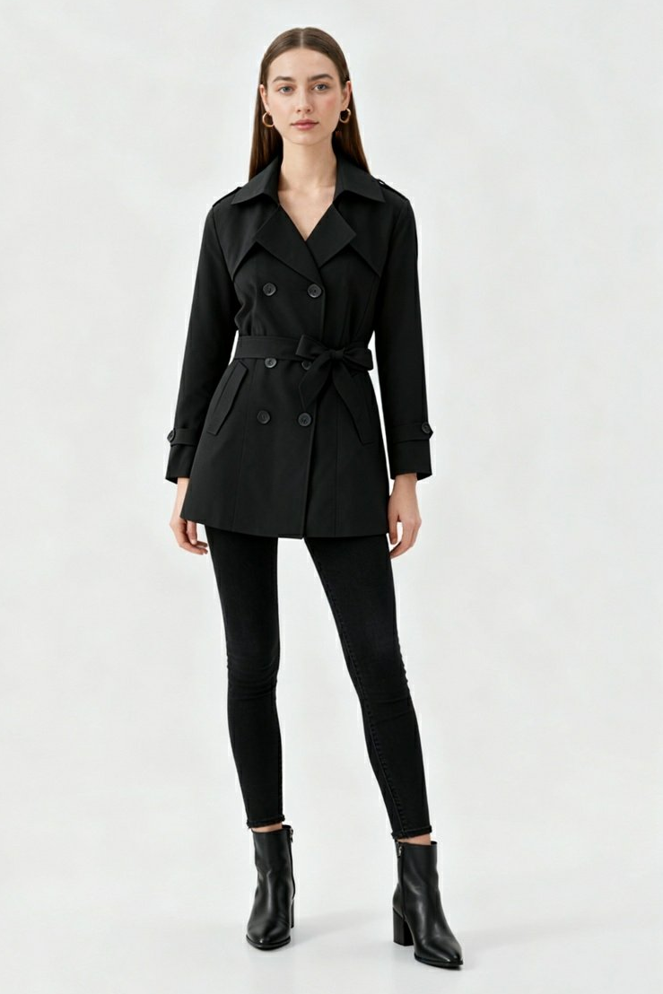 Dames Zwart Halflange Trenchcoat