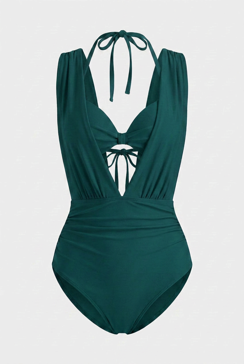 Deep Green Ruched Bathing Suit – Supportive Low-Cut Halter Swimwear