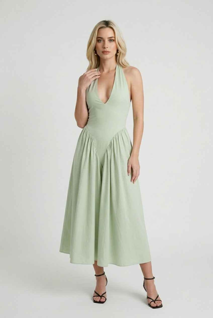 Elegant Green Sculpted Midi Dress – Flattering Fit for Special Occasions