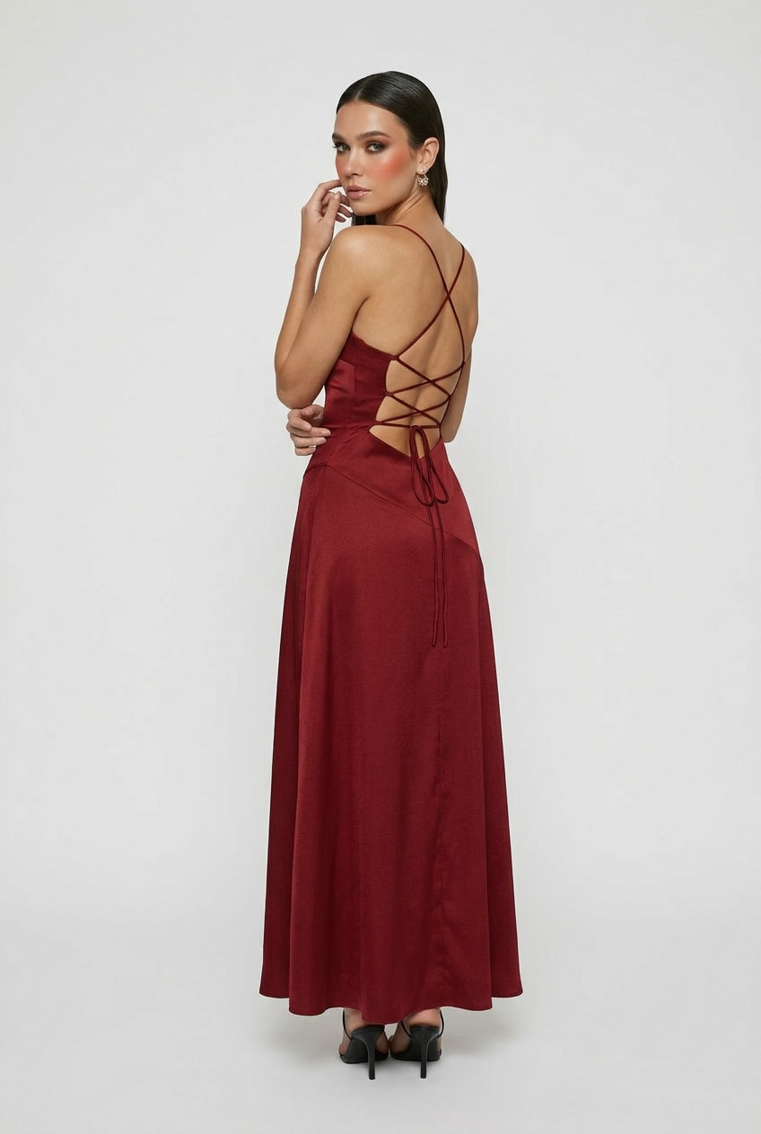 Wine Red Evening Dress with Open Lace-Up Back