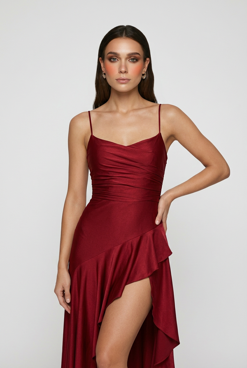 Wine Red Evening Dress with Open Lace-Up Back