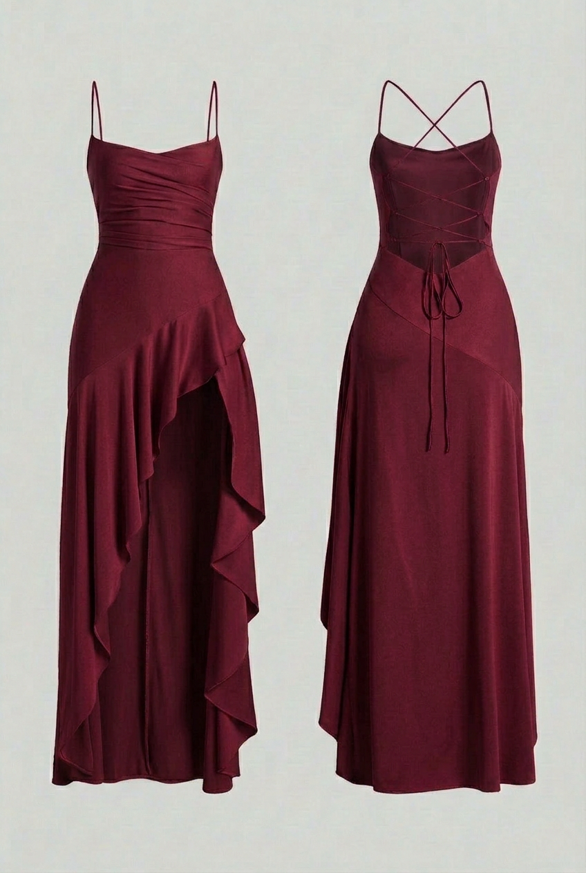 Wine Red Evening Dress with Open Lace-Up Back