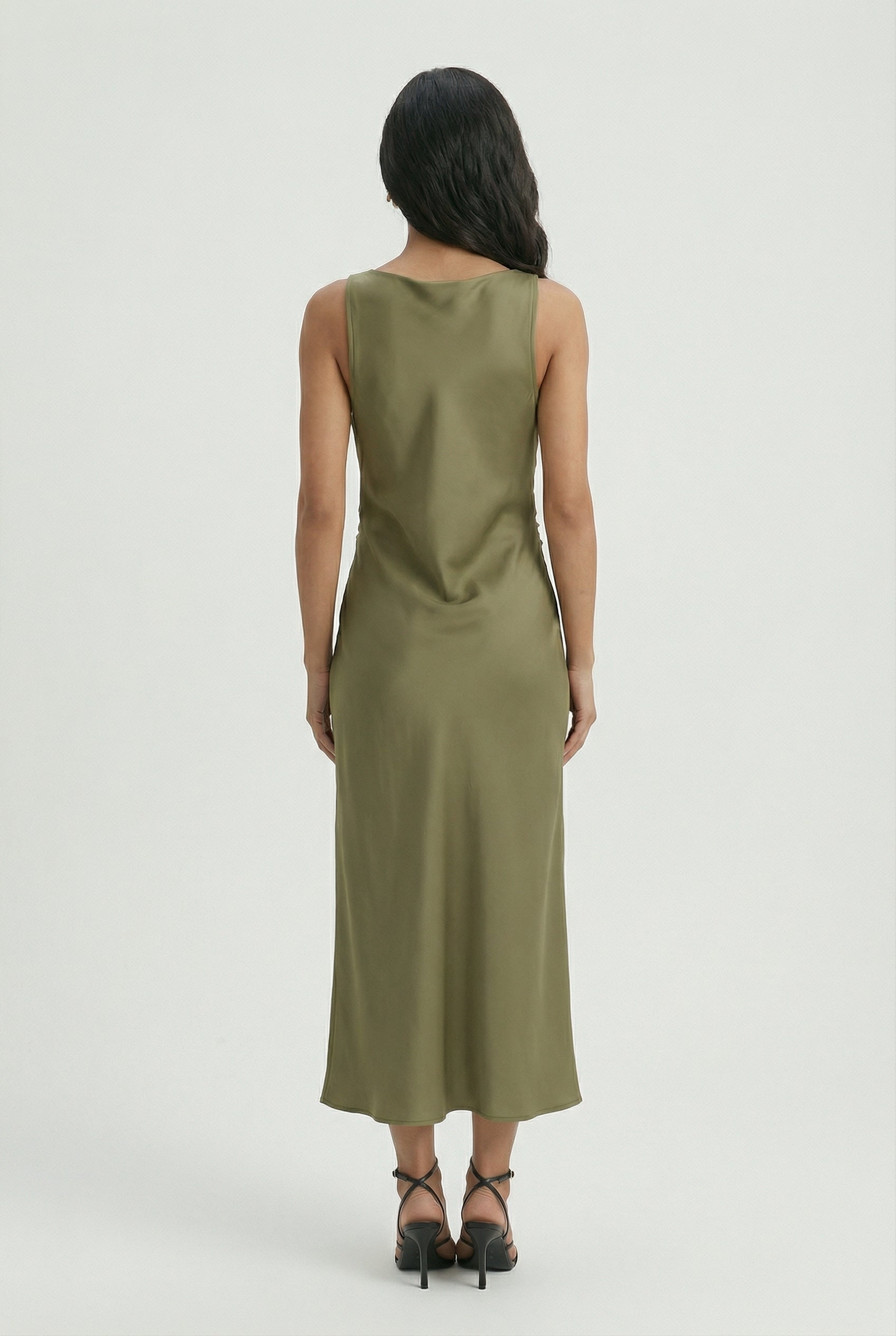 Women's Summer Dress - Olive Green Satin Dress for the Summer