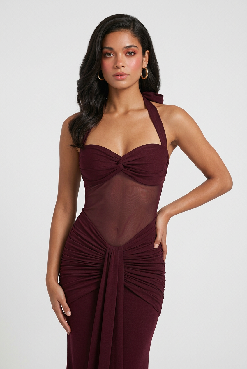 dressy burgundy dresses Rent Asos Edition Satin Ruched Halter Neck Maxi Dress In Wine In Burgundy main image 1
