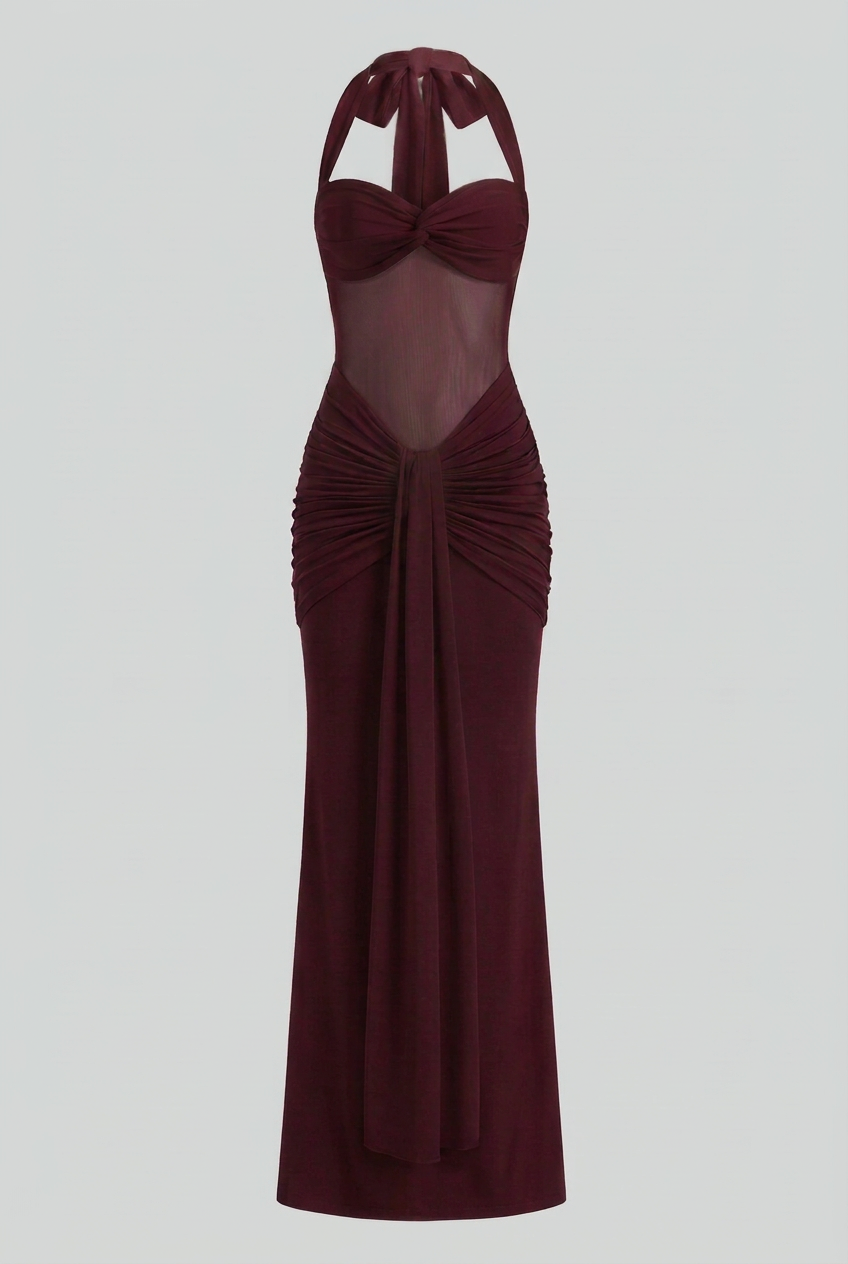 Wine Red Halter Maxi Dress with Contoured Fit