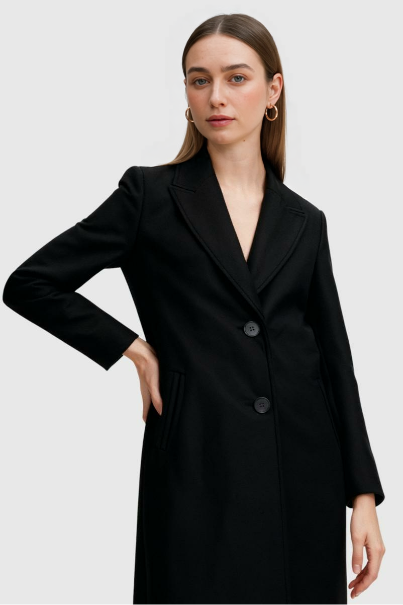 Lange Dames Zwarte Jas met Chic Revers