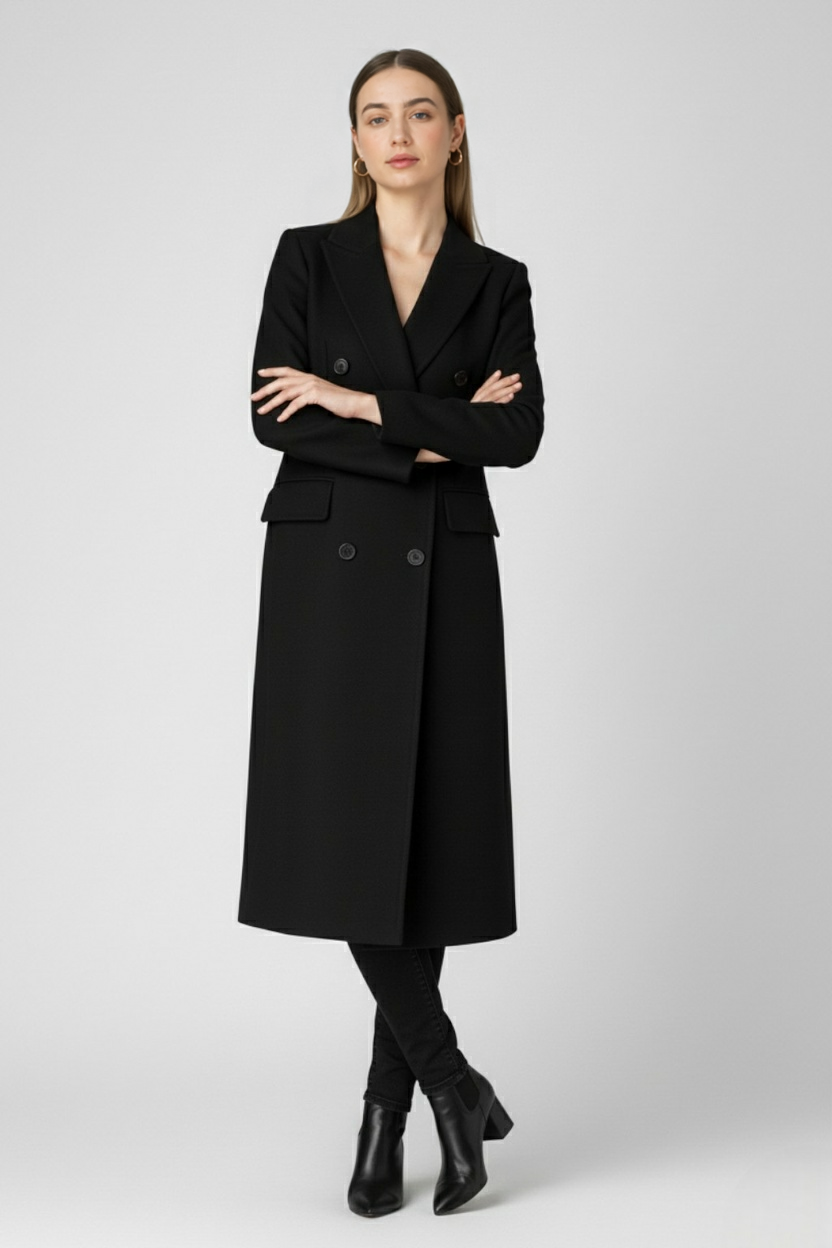 Lange Zwarte Wollen Winterjas voor Dames