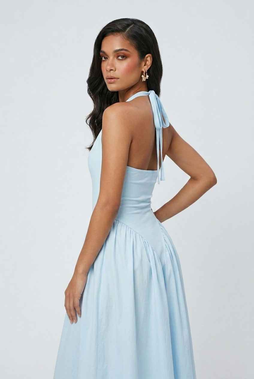 Light Blue Midi Cocktail Dress – Soft Elegant Fit for Weddings & Summer Events