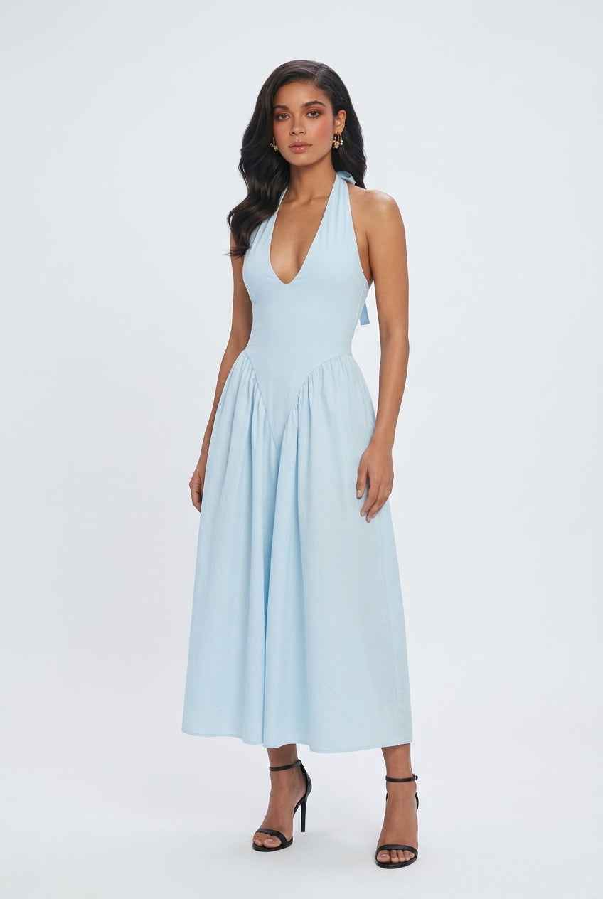 Light Blue Midi Cocktail Dress – Soft Elegant Fit for Weddings & Summer Events