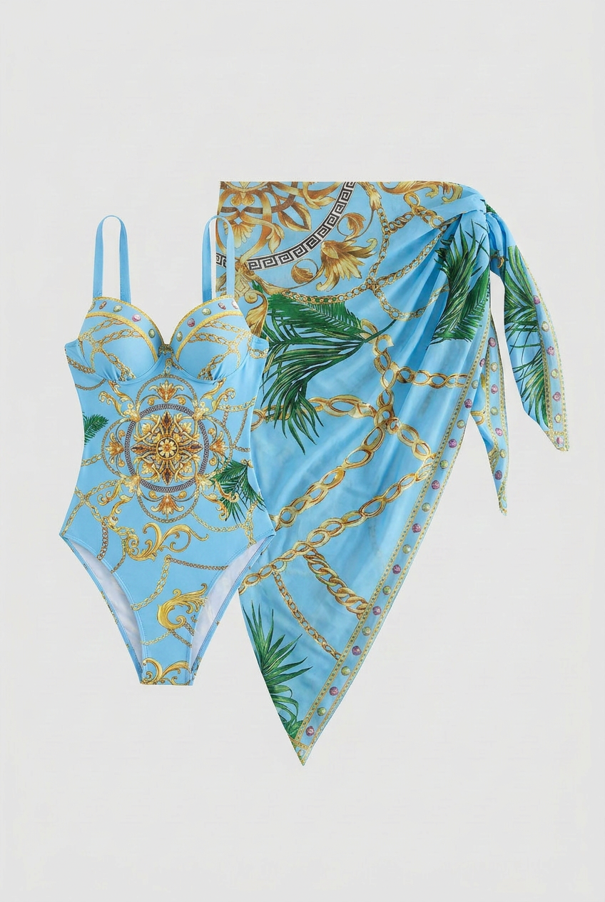 Swimwear : One-Piece Swimsuit for Women - Light Blue Patterned Skirted Beachwear in van Vandaliamo