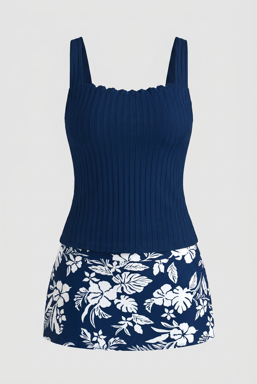 Navy Blue Swim Skirt Tankini Set – Classic Floral Two-Piece Bathing Suit