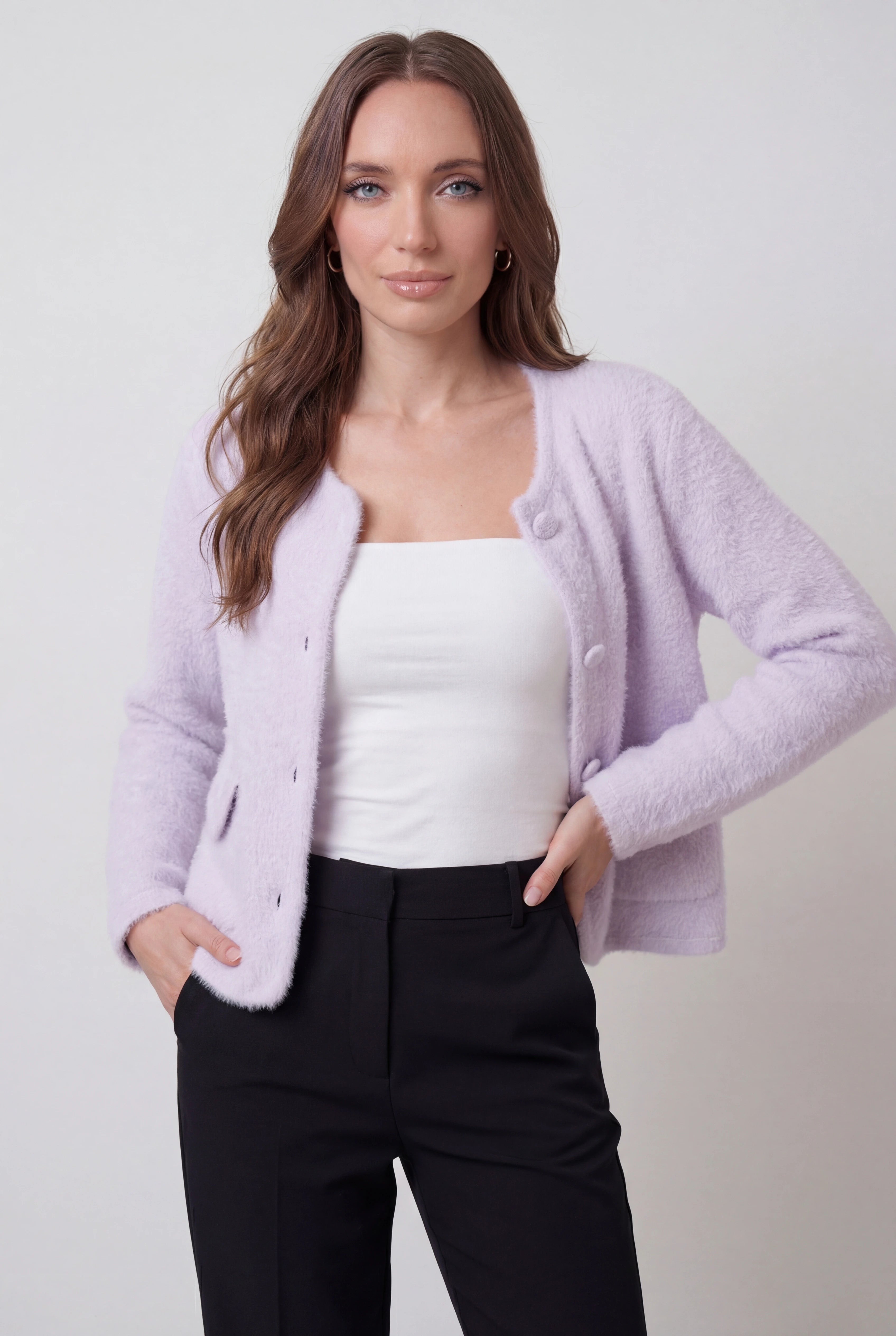 Women's Purple Knitted Long Sleeve Cardigan with O-Neck