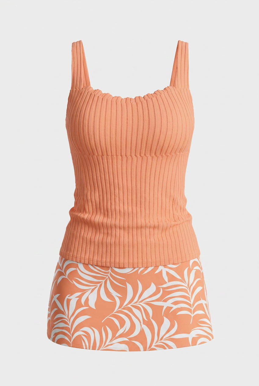 Peach Leaf Print Tankini Set – Soft Coral Swimwear with High-Waisted Skirt