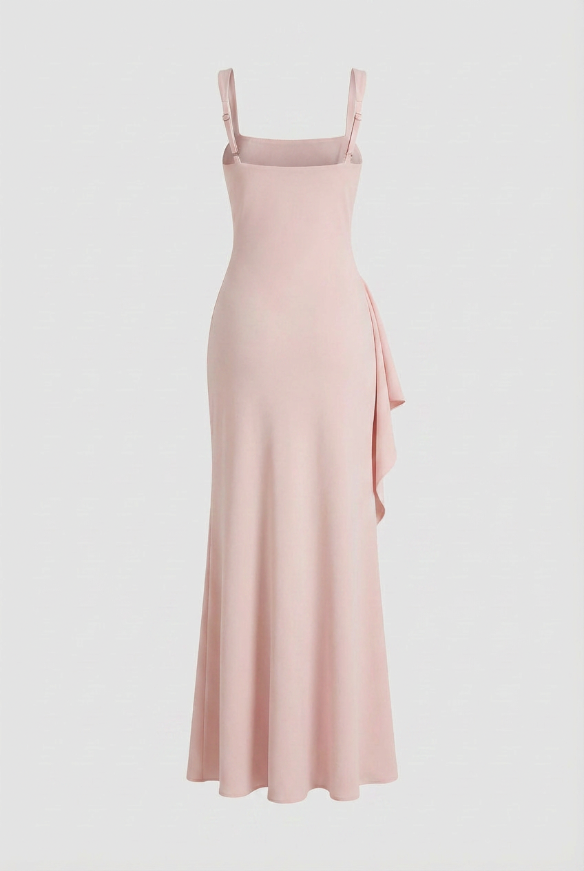 Pink Square Neck Maxi Dress for Women - Elegant Slimming Ribbed Knit with Slit for Evenings