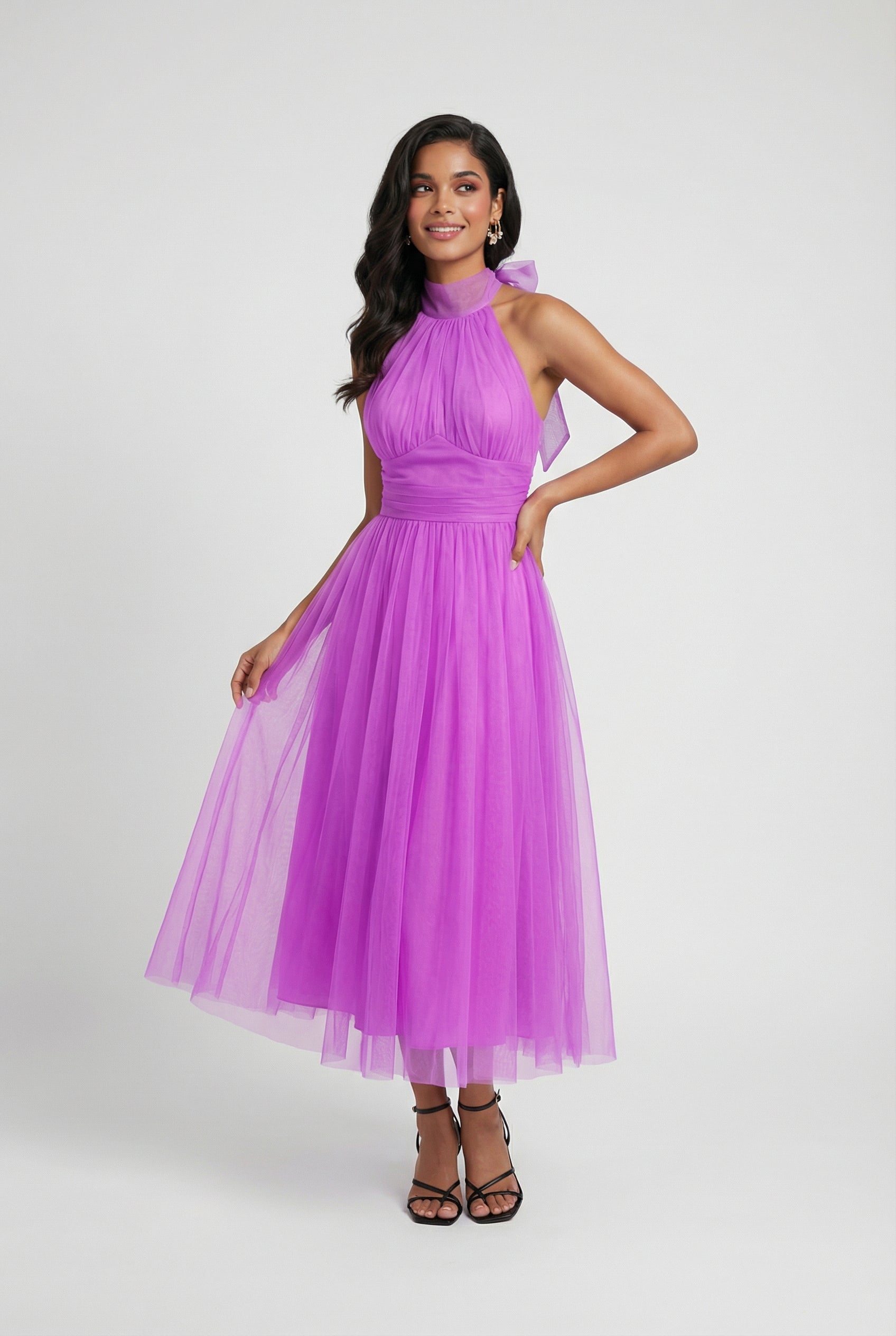 Purple Halter Midi Dress - Dresses