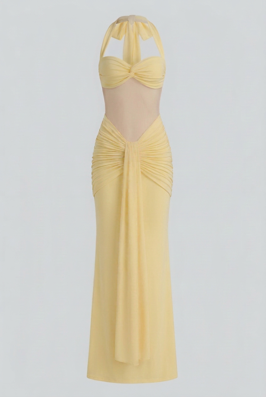 Yellow Halter Maxi Dress with Ruched Detail