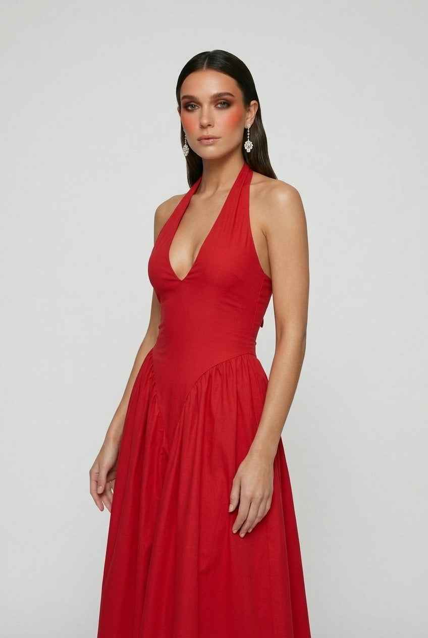 Red Elegant Midi Cocktail Dress – Figure-Hugging Dress for Nights Out