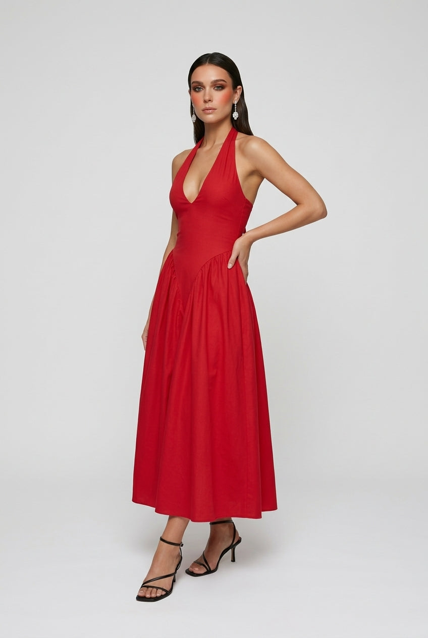 Red Elegant Midi Cocktail Dress – Figure-Hugging Dress for Nights Out