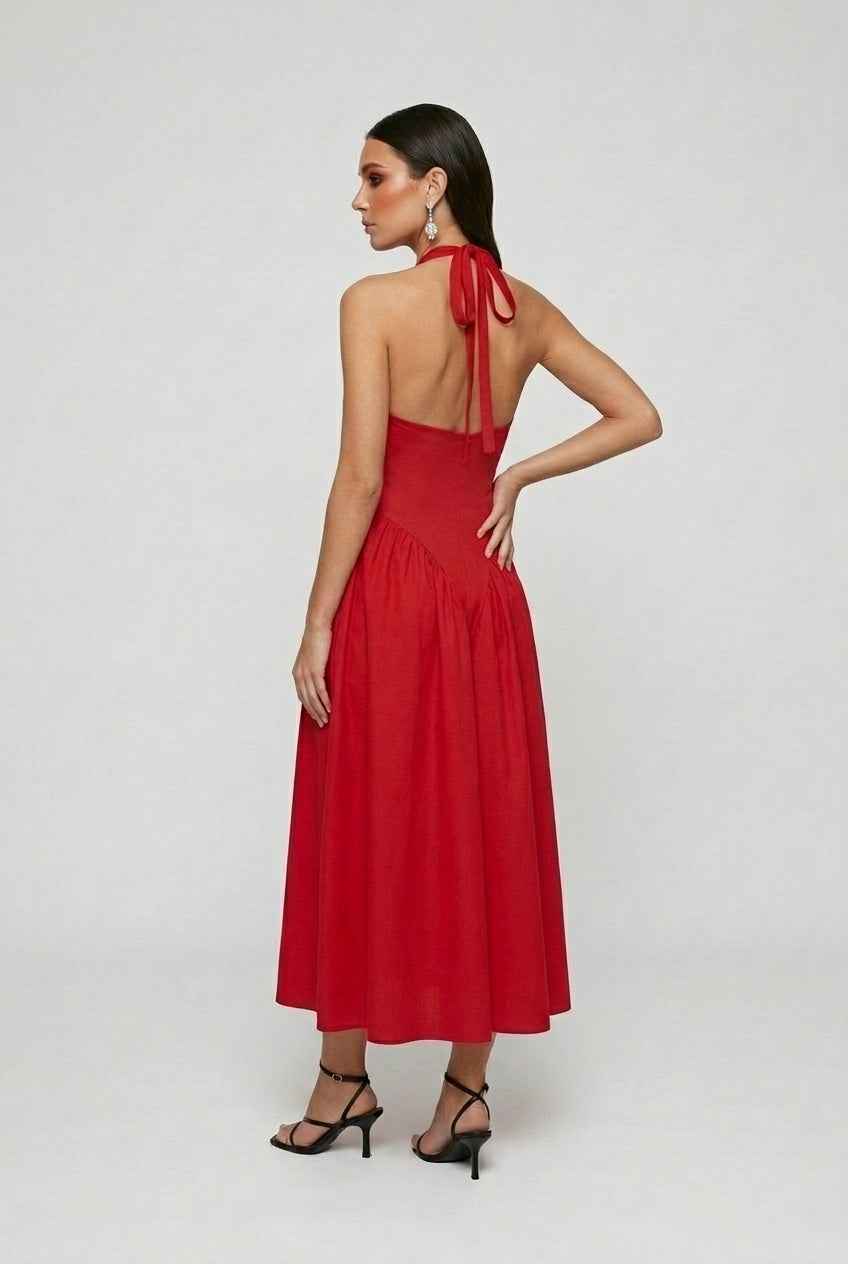 Red Elegant Midi Cocktail Dress – Figure-Hugging Dress for Nights Out