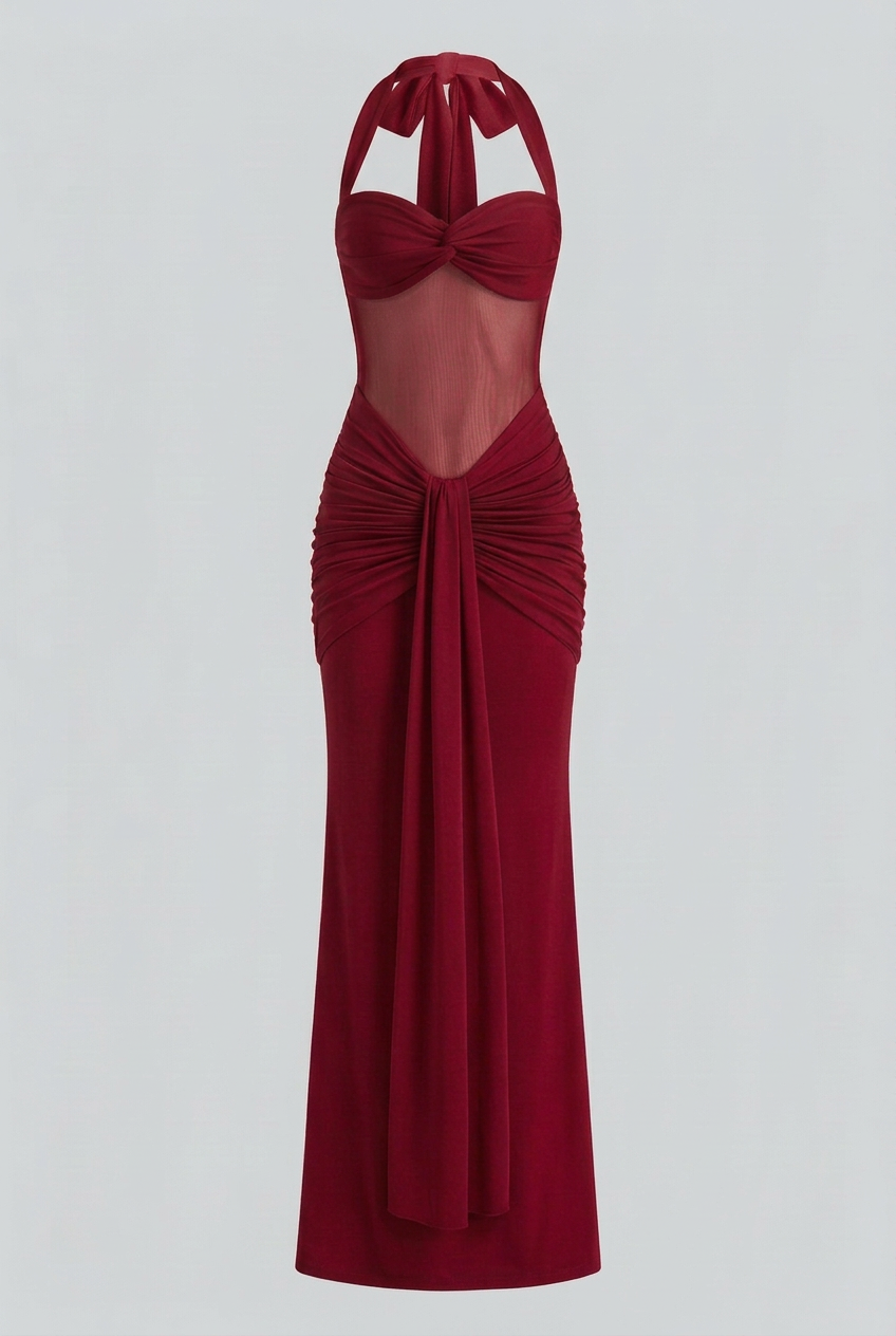 Red Halter Maxi Dress with Drape