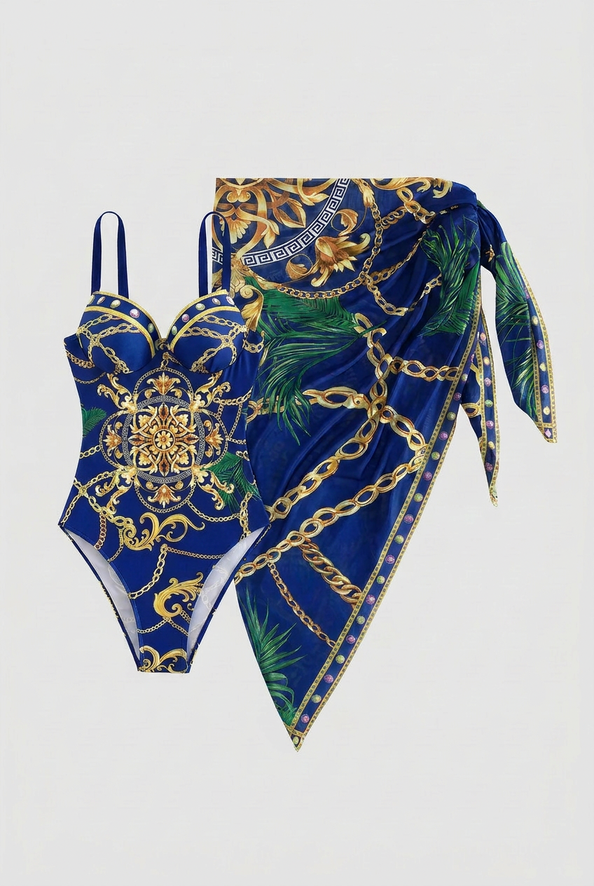 Swimwear : Royal Blue Patterned V-Neck Swimwear with Tie Skirt for Women in Blue van Vandaliamo