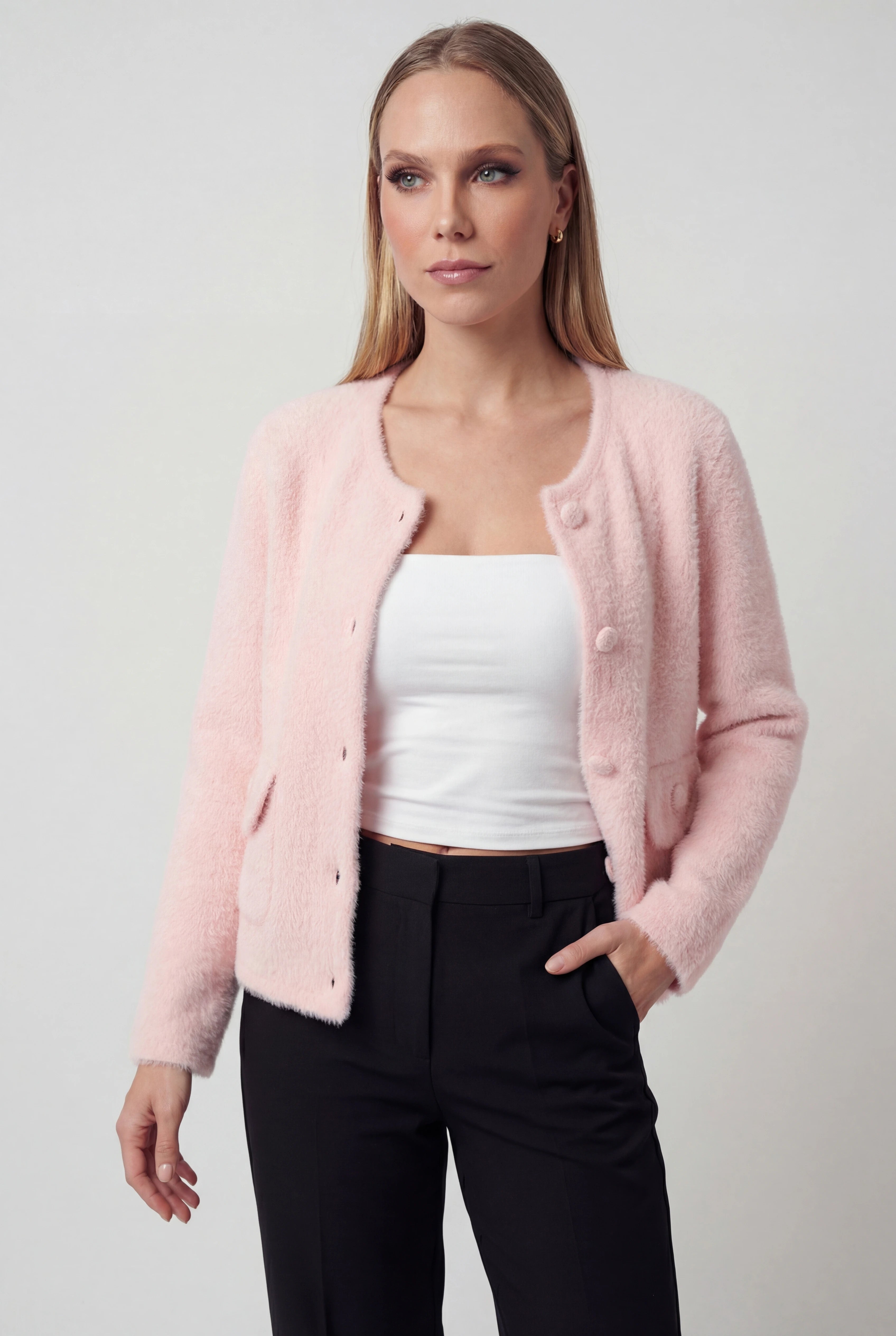 Women's Pink Knitted Long Sleeve Cardigan with O-Neck
